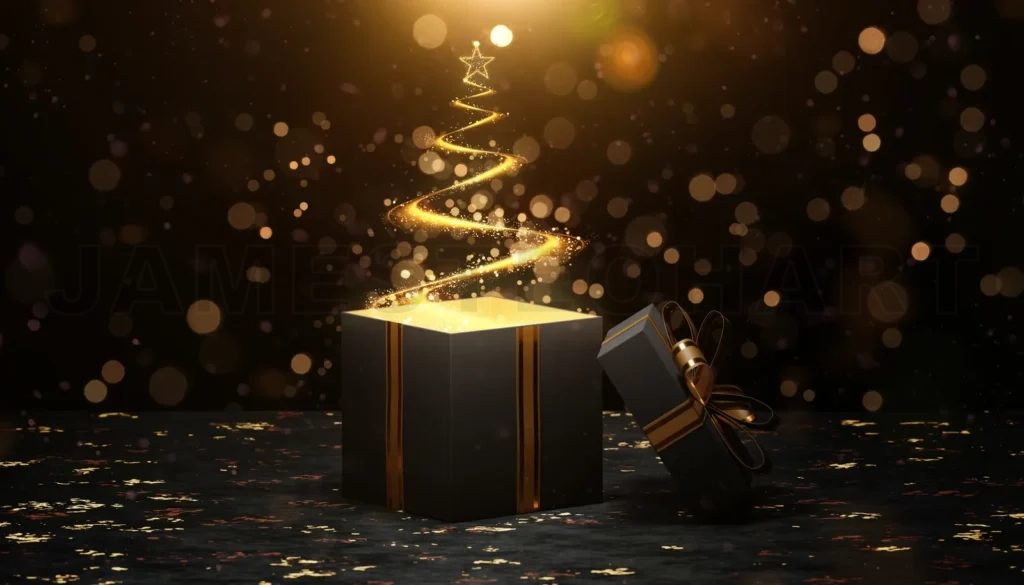 
Christmas tree with star appearing from open gift box with gold ribbon