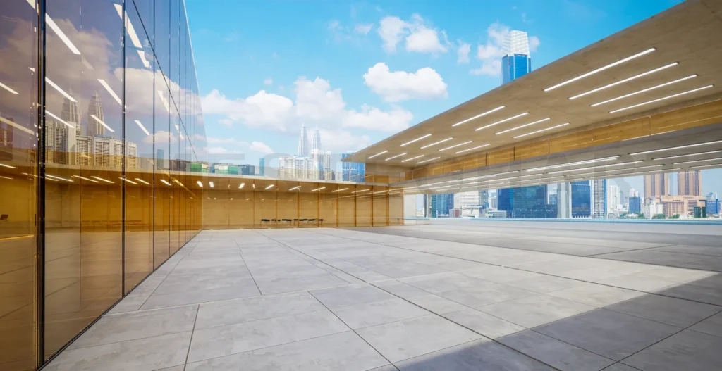 
3d rendering modern city plaza with towering skyscraper reflections