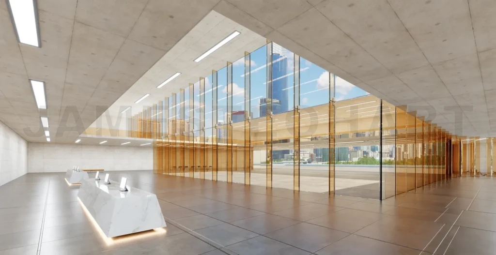 
3d rendering modern office lobby with minimalist design and urban skyline