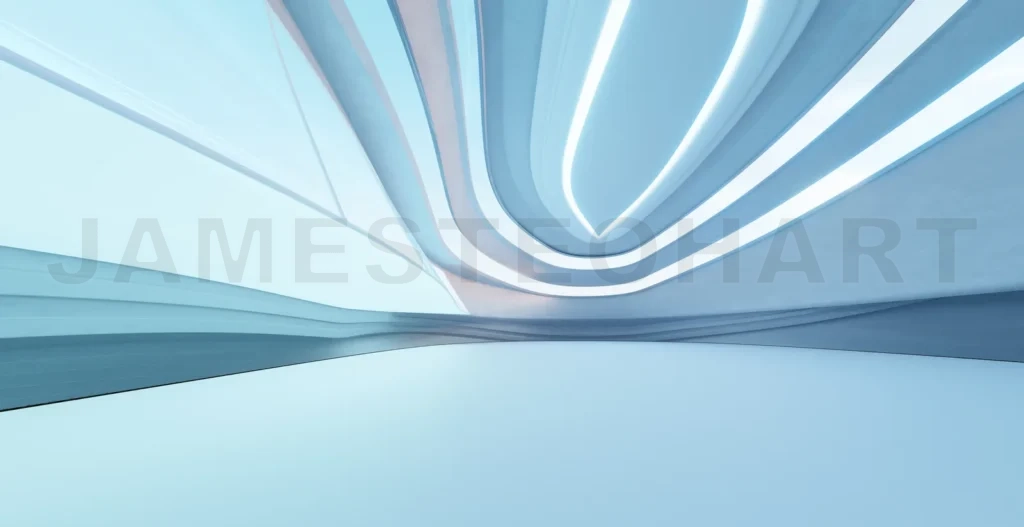 
3D Modern architectural design with sleek curves and ambient lig