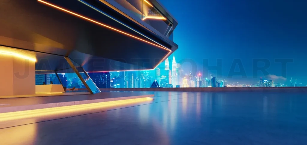 
Modern building overlooking kuala lumpur skyline at night 3d rendering