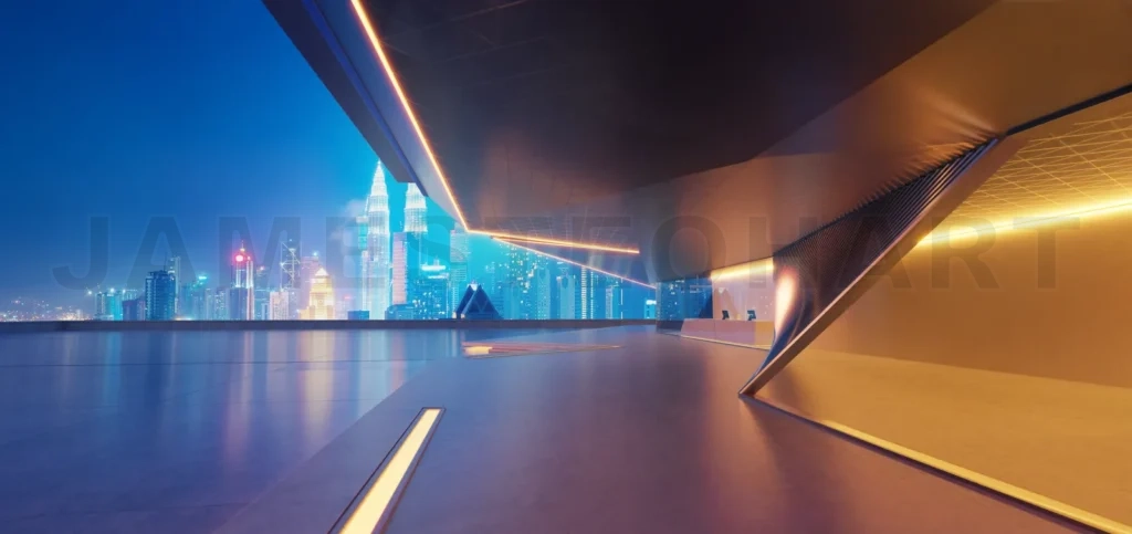
Futuristic empty hallway overlooking kuala lumpur city skyline at night 3d rendering