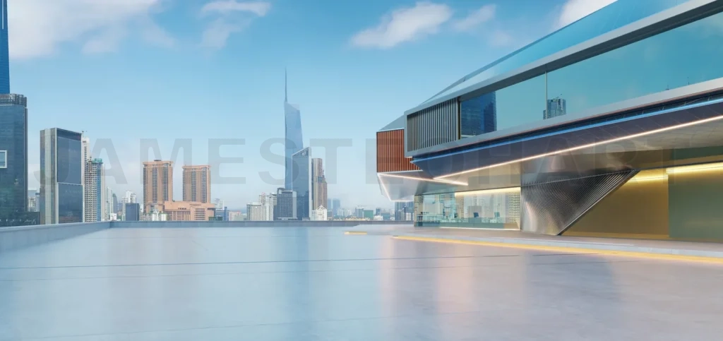 
Empty concrete ground with modern building exterior and city skyline panorama
