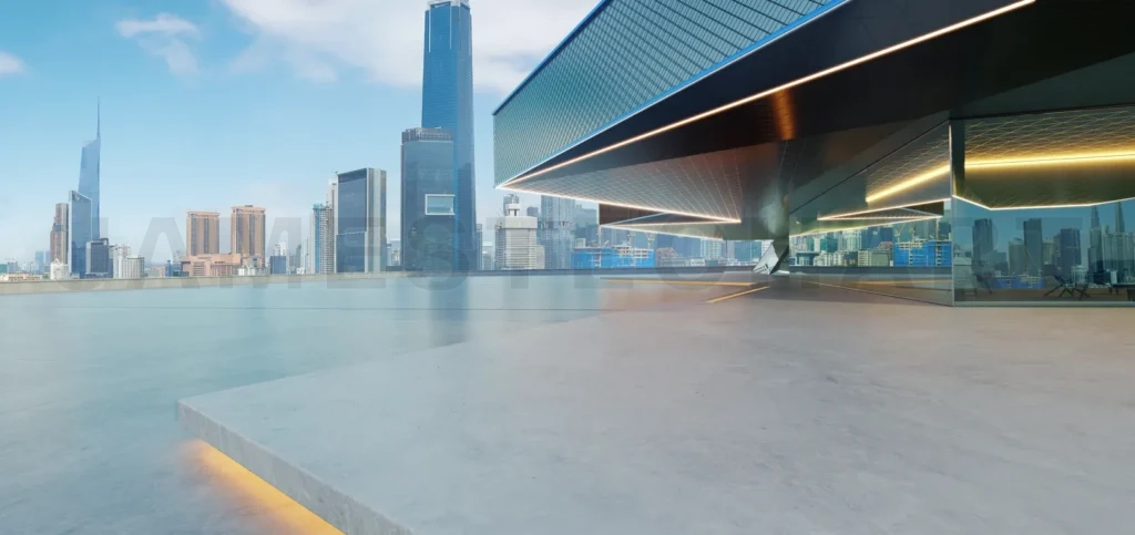 
Modern building overlooking a cityscape with futuristic architecture