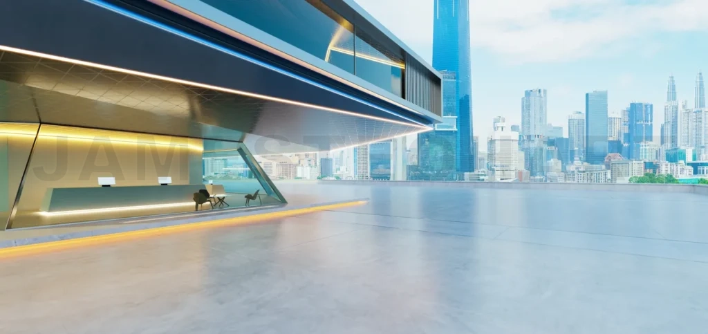 
Modern empty office reception overlooking city skyline at day 3d rendering