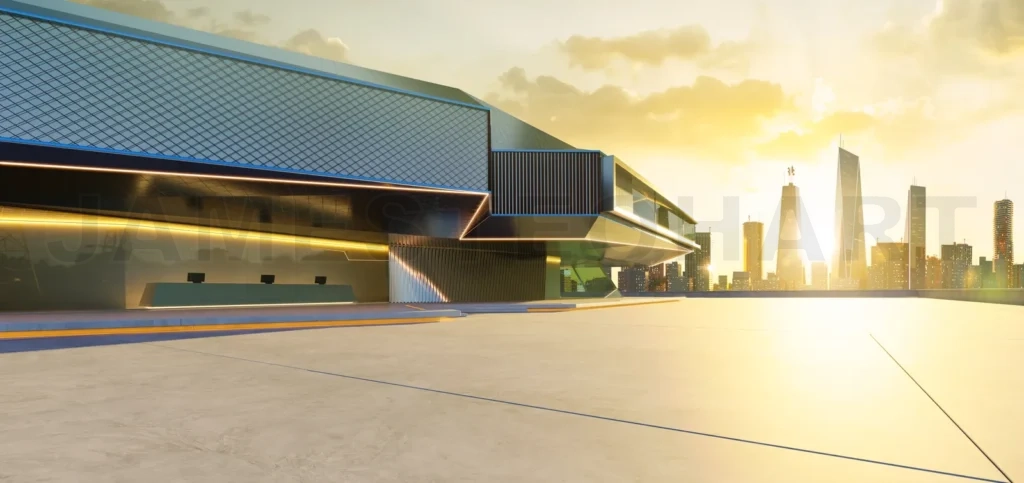 
Modern building with empty foreground parking lot at sunset with city skyline 3d rendering