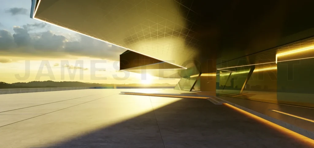 
3d rendering of a modern building exterior with empty concrete floor at sunset