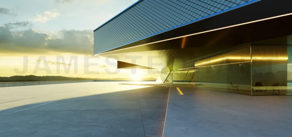 
Modern building shining under the setting sun at sunset