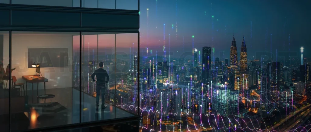 
Businessman looking at kuala lumpur skyline with stock market data at night