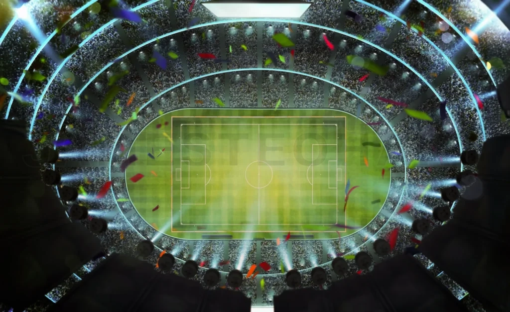 
Soccer stadium at night with fans cheering under spotlights throwing confetti