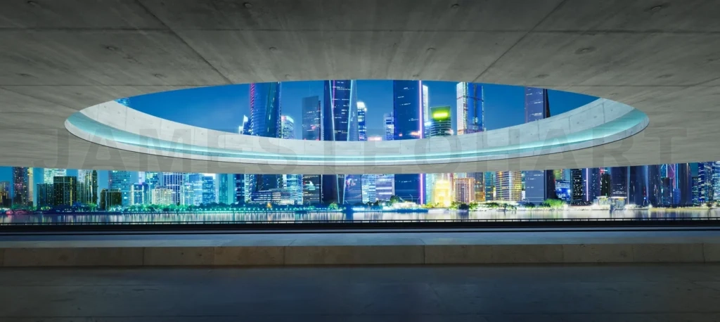
3D Futuristic city view through oval concrete frame