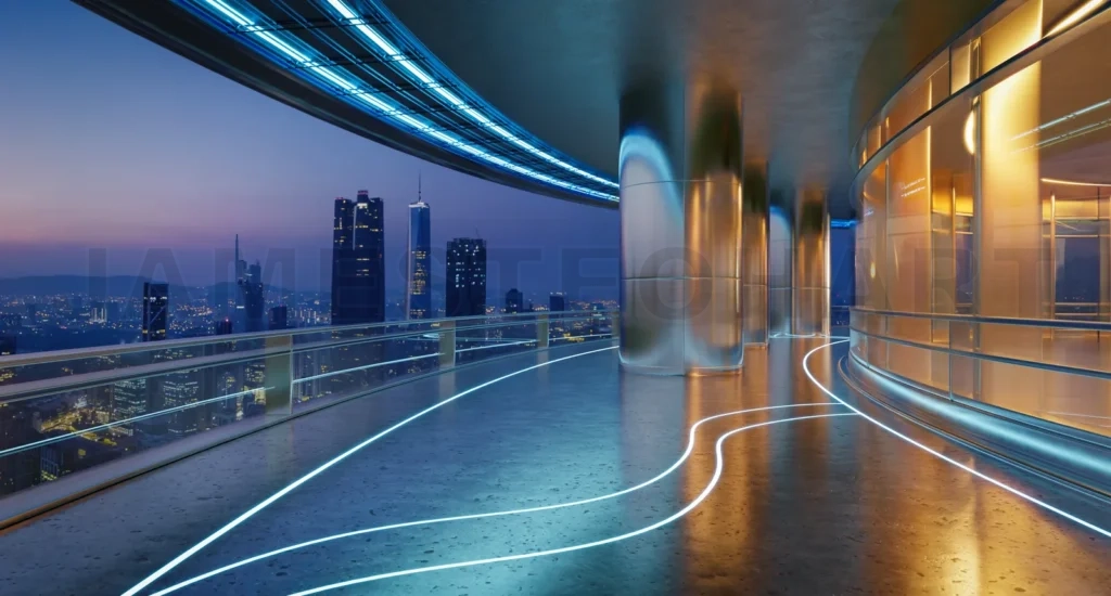 
3D futuristic curved shapes design metal facade office exterior