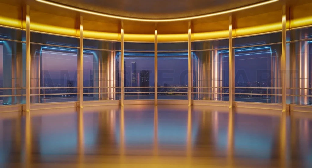 
3D rendering futuristic curved shapes design metal facade office