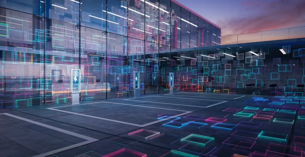 
Smart ev car park charges batteries at futuristic building