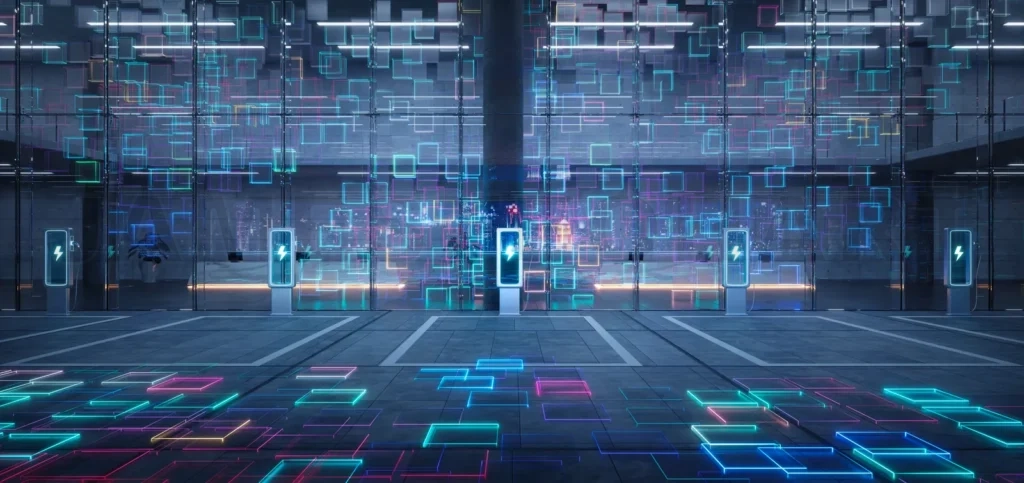 
Smart ev car park charges with futuristic interface and glowing lines