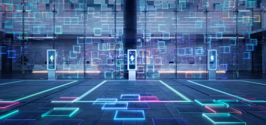 
Futuristic charging stations with neon digital grid