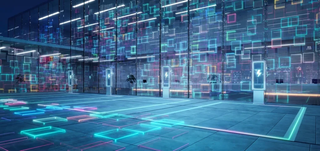 
Futuristic digital interface with neon lights display