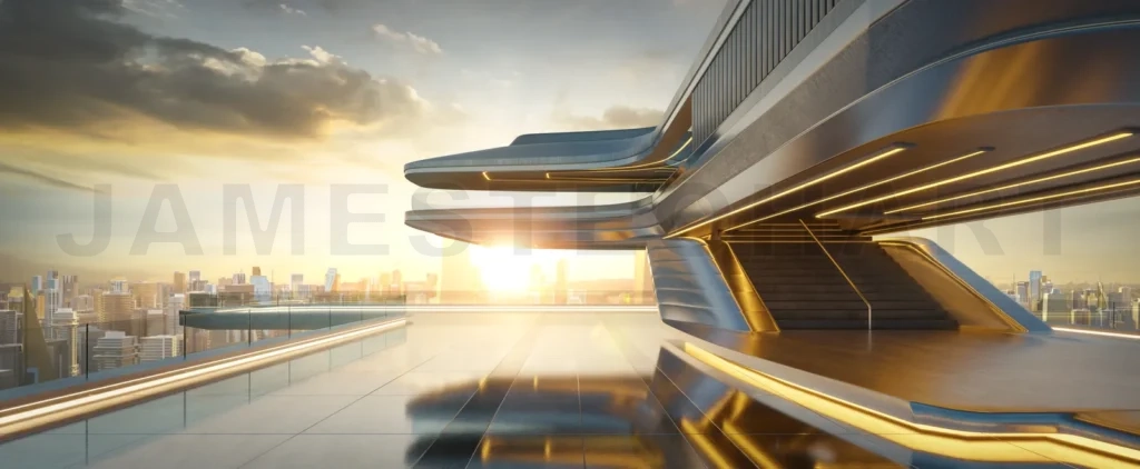 
Futuristic building with empty rooftop overlooking city at sunse