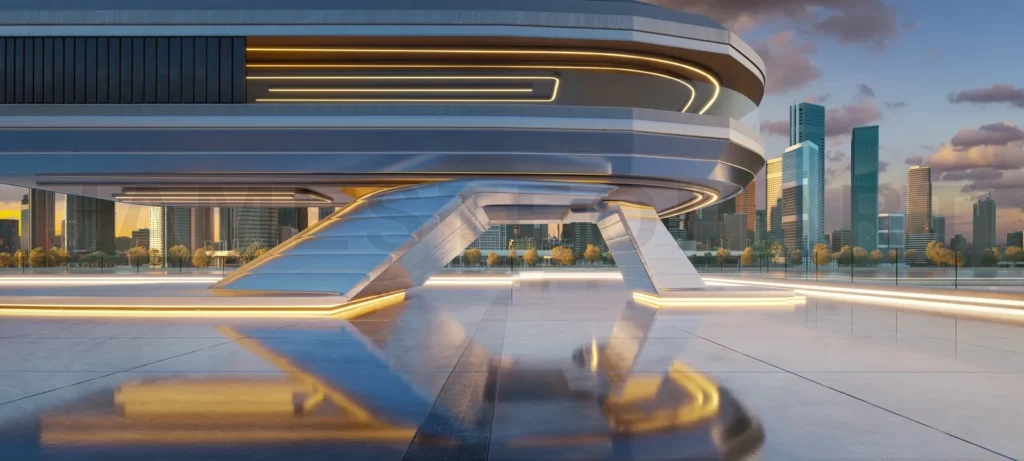 
Futuristic building with illuminated floor overlooking city skyl