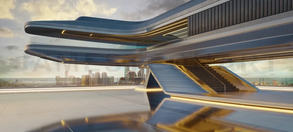 
Futuristic building overlooking city skyline at sunset