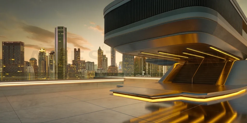 
Futuristic building overlooking illuminated city skyline at suns