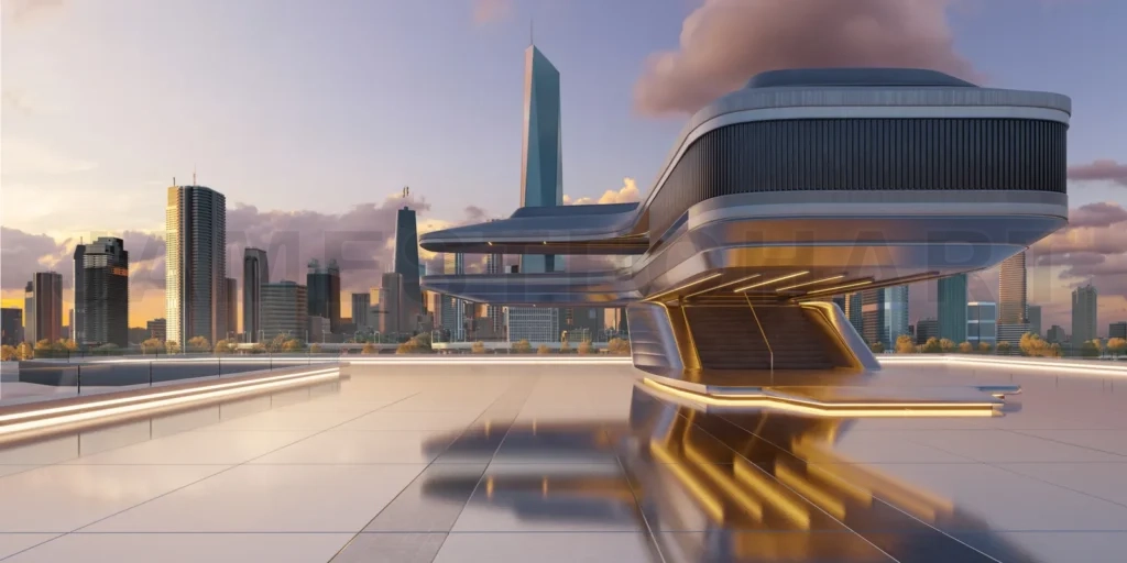 
3D Futuristic building landing on rooftop with city skyline at s