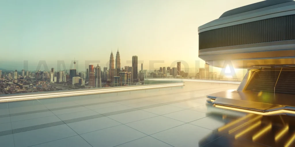 
3D Futuristic building overlooking modern city at sunrise