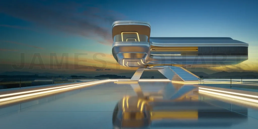 
3D Futuristic building reflecting on glossy tiles floor at sunse