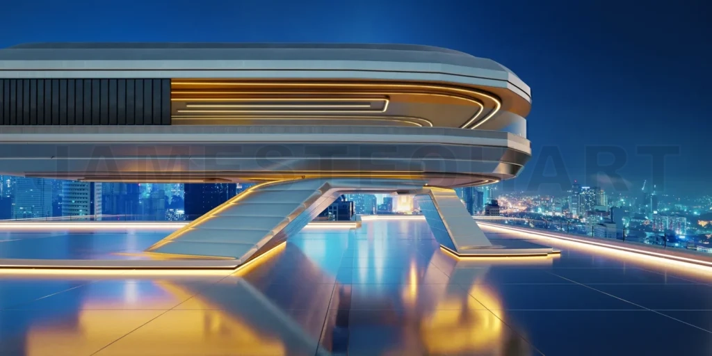 
3D Futuristic building overlooking illuminated cityscape at nigh