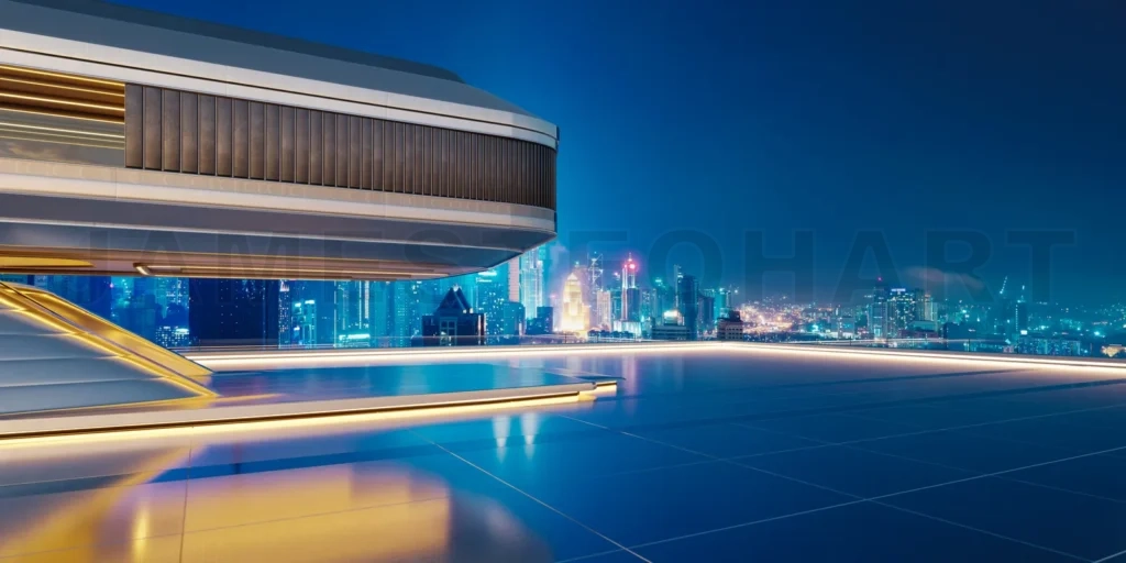 
3D Futuristic rooftop with cityscape illuminating night sky