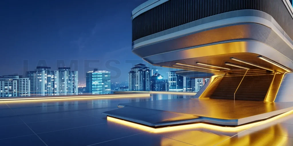 
3D Futuristic building with illuminated stairs overlooking citys