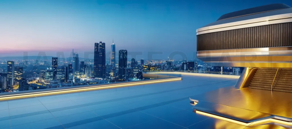 
3D Futuristic rooftop terrace overlooking illuminated cityscape