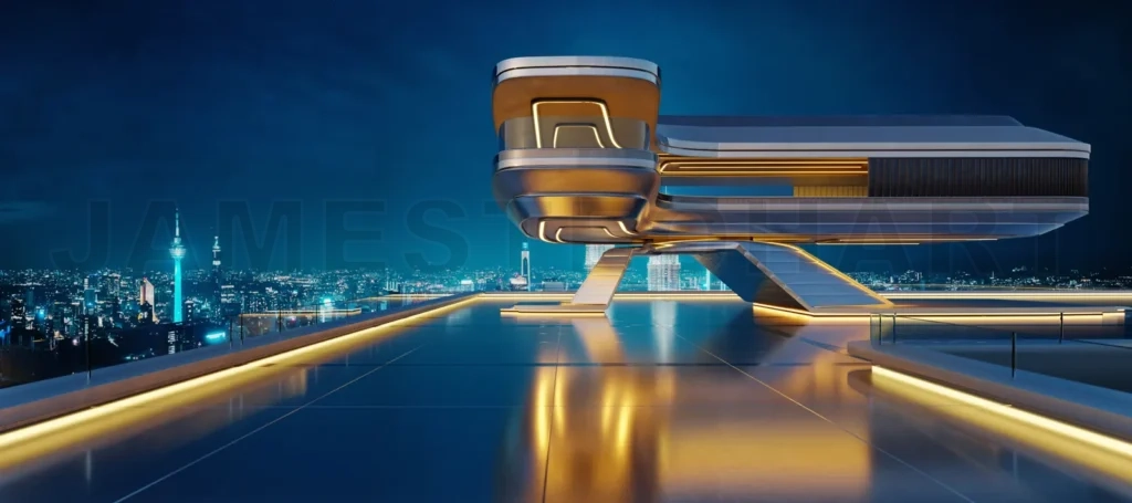 
3D Futuristic building landing on rooftop with city skyline at n