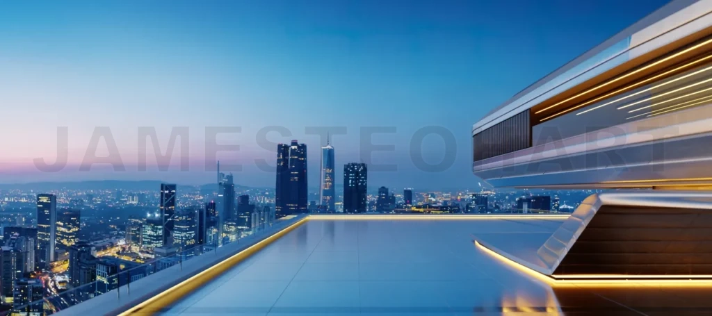 
3D Futuristic rooftop lounge overlooking vibrant cityscape at du