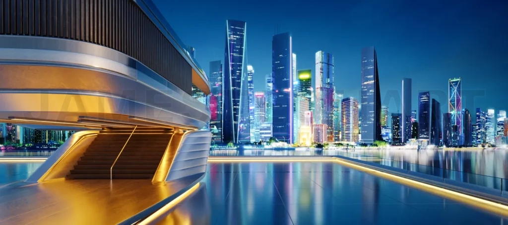 
3D Futuristic building overlooking illuminated cityscape at nigh
