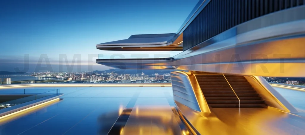 
3D Futuristic rooftop building with overlooking city at dusk