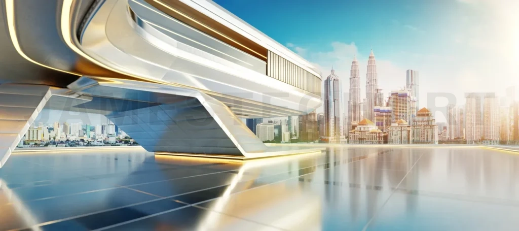 
3D Futuristic building overlooking kuala lumpur skyline at sunri