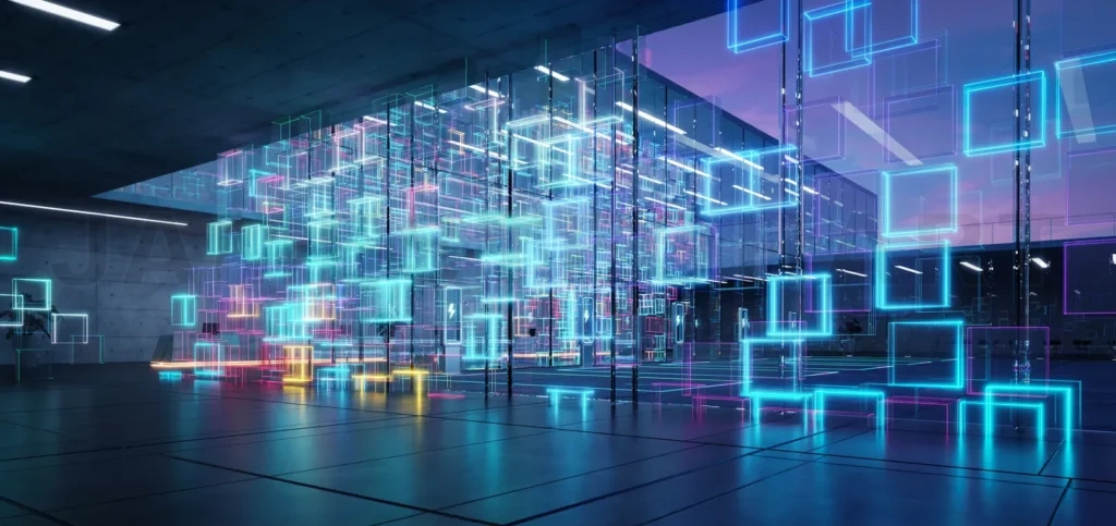 
Futuristic digital art installation with neon lights