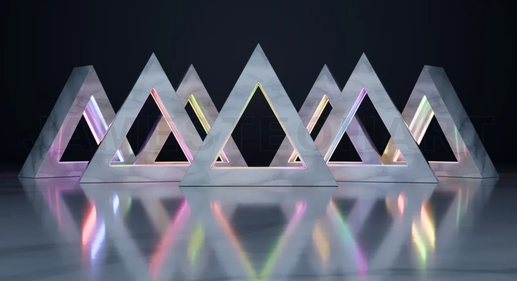 
Marble triangles with neon lights creating a futuristic scene