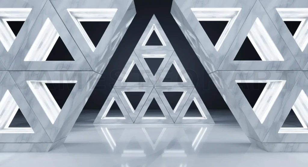 
Futuristic marble walls creating glowing triangular patterns in modern interior