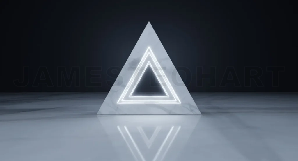 
Marble pyramid shining with neon lights on reflective floor