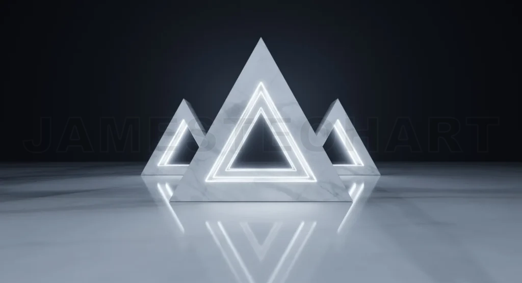 
Glowing neon triangles illuminating marble podium on reflective floor