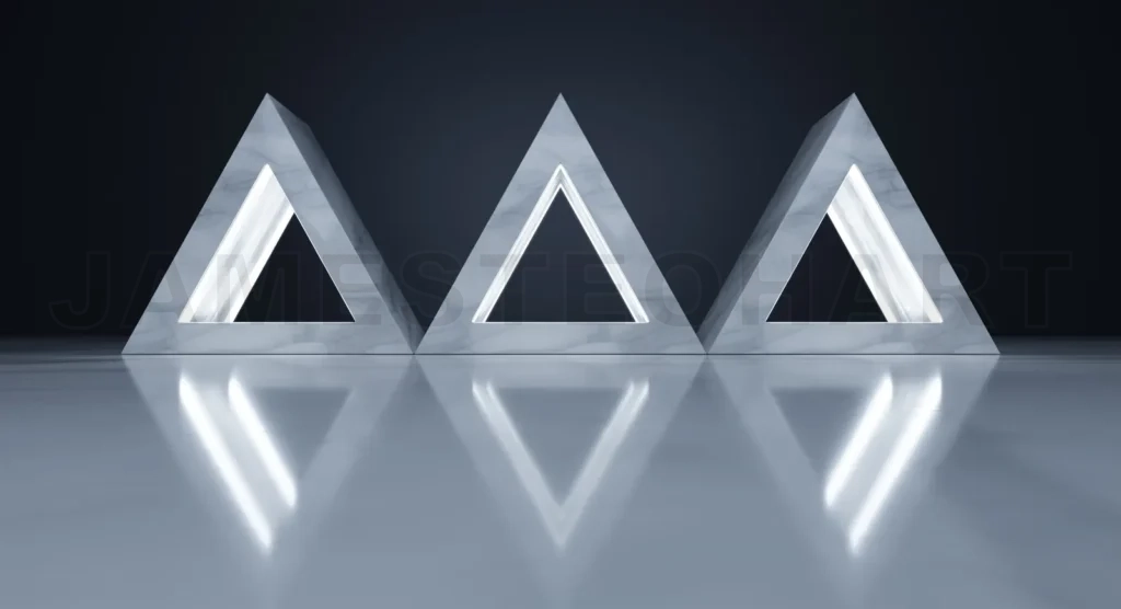 
Three glowing triangles standing on reflective surface creating modern and minimalist atmosphere