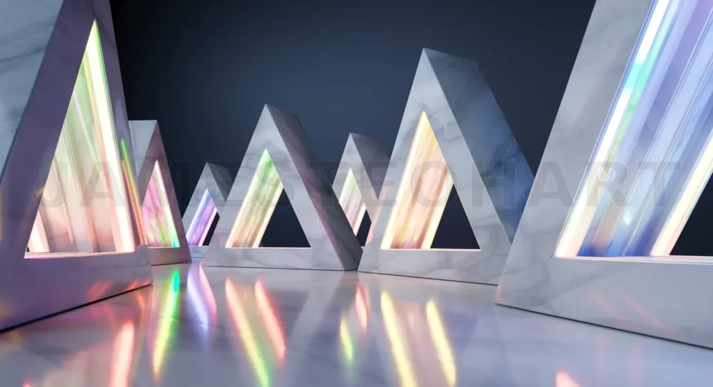 
Marble triangles with glowing neon lights illuminating empty stage