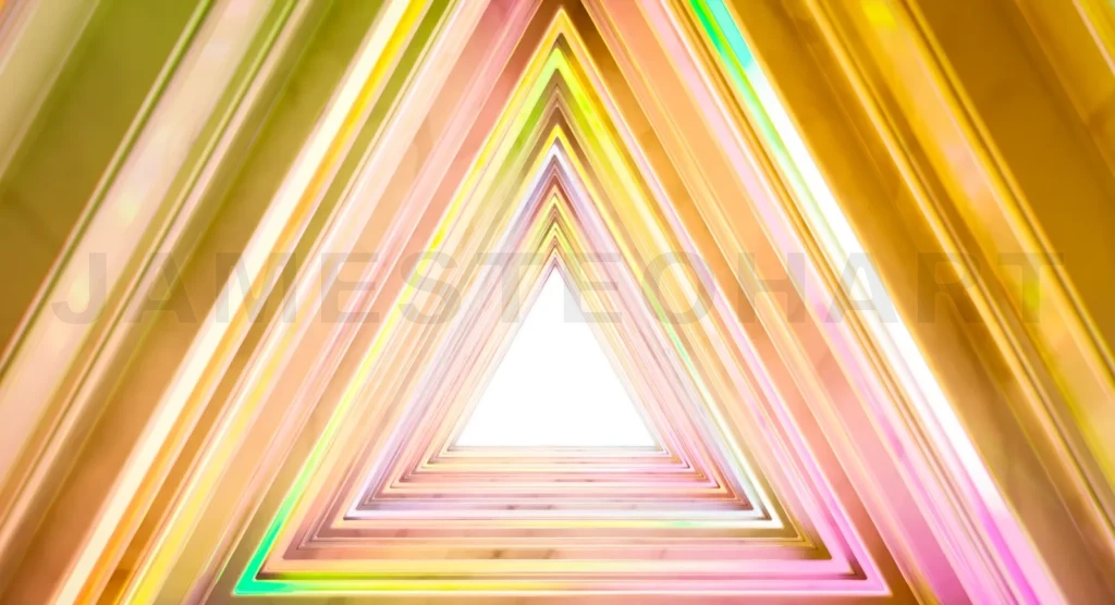 
Glowing neon triangles creating a tunnel effect with bright light