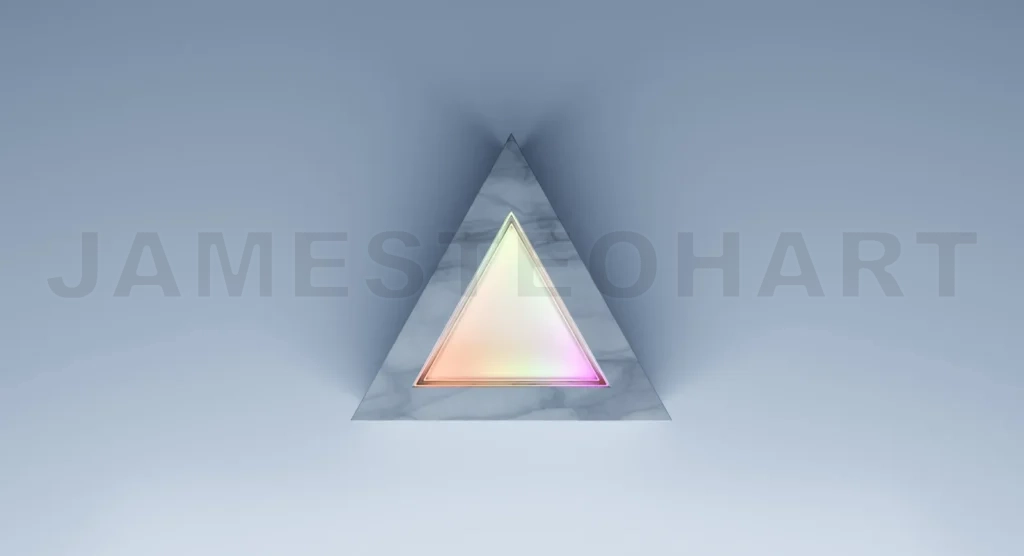 
Marble triangle frame with glowing gradient light on blue background