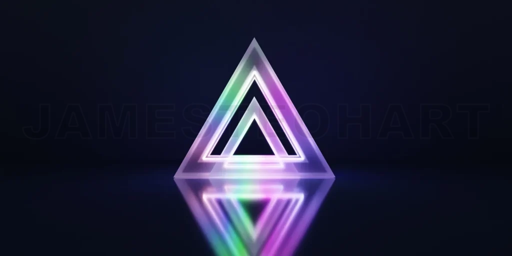 
Glowing neon triangles creating a colorful spectrum on reflective surface