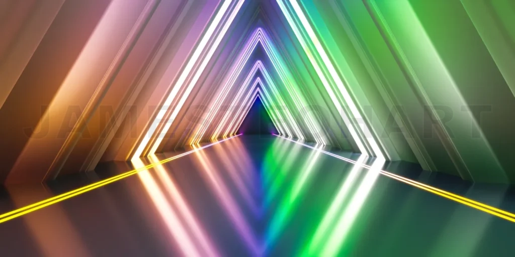 
Neon lights illuminating futuristic triangular tunnel with reflective floor