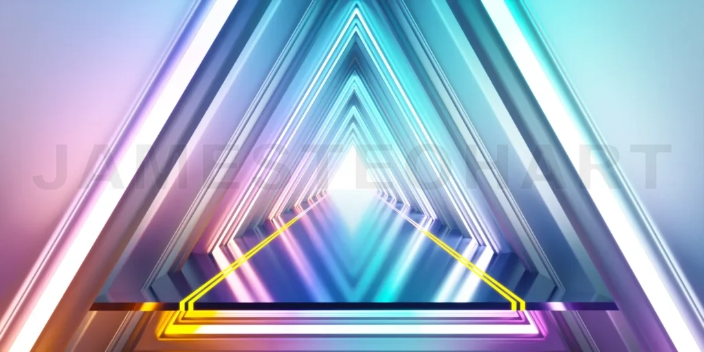 
Neon tunnel with triangle shapes creating colorful perspective leading to bright light