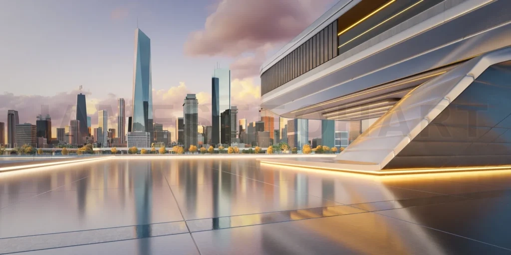 
Futuristic building overlooking illuminated cityscape at sunset: 3d render
